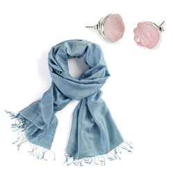 Pale Blue Silk Scarf + Silver Pink Quartz Studs - Afghanistan